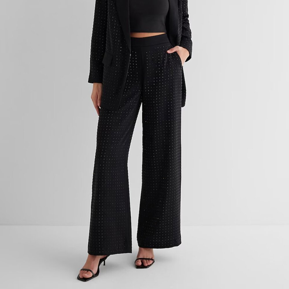Express High Waisted Rhinestone Studded Wide Leg Trouser Pant Size 6 Short
